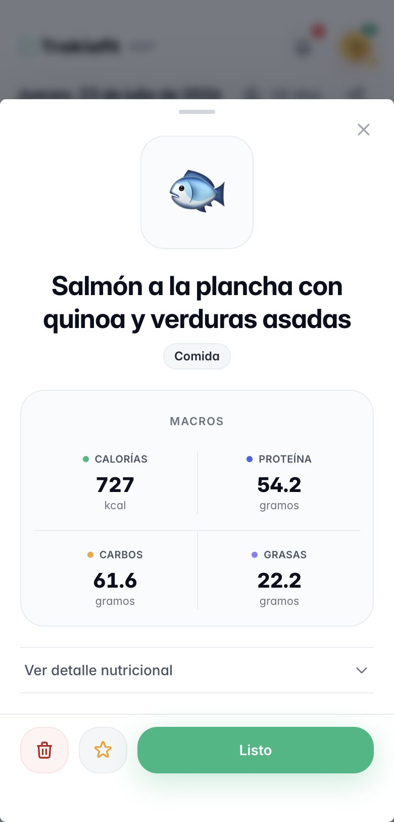 Detalle en Trakiafit del salmón de Rafa con calorías y macros