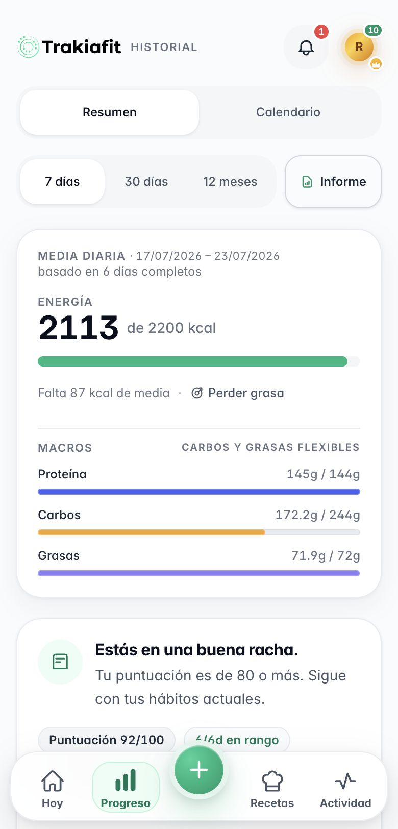 Progreso semanal de Rafa en Trakiafit con energía, macros y hábitos